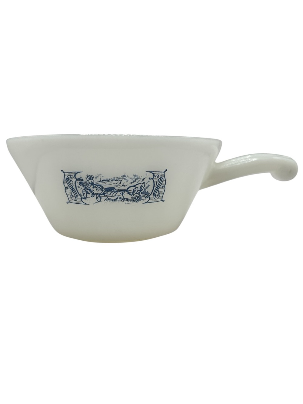 Vintage Fire King Ramekins: Currier & Ives Blue Carriage Print Milk Glass